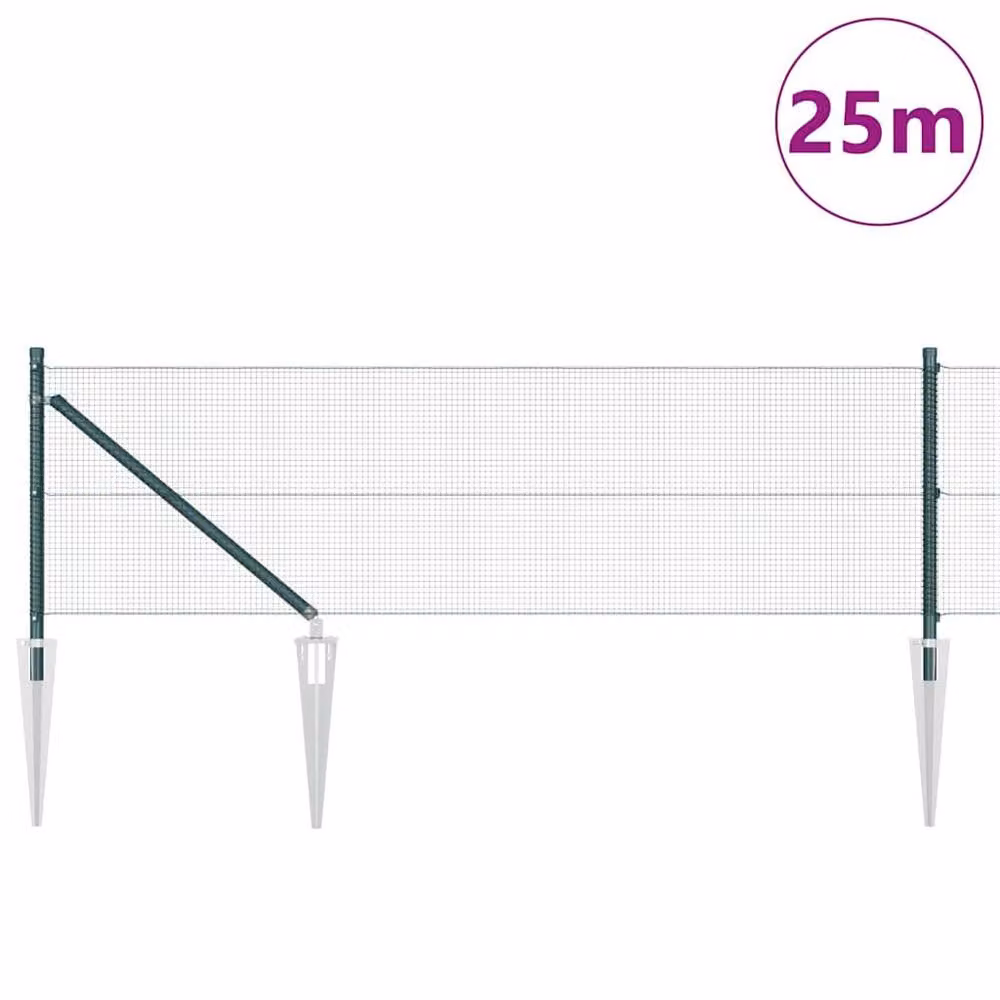 Berkfield Home Green Steel Welded Wire Fence with 13 In-Ground Spike Posts, W: 25 m, H: 0.6 m – 3