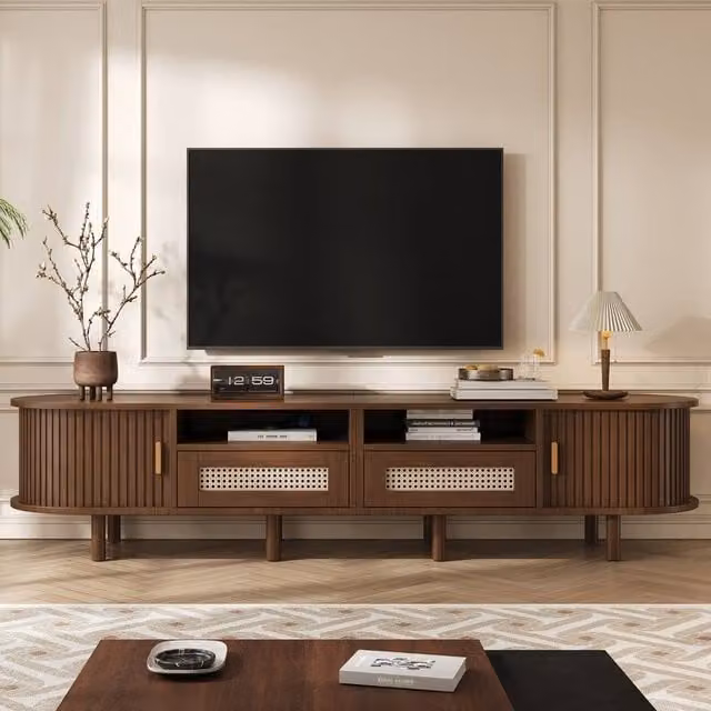 Merax Mid-Century Oval TV Unit in Brown with Rattan Drawers and Sliding Door, W/D/H: 170 x 40 x 40 cm – 1