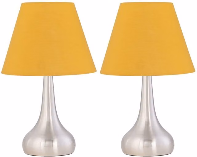 First Choice Lighting Romana Set of 2 Brushed Chrome Touch Table Lamps with Ochre Fabric Shades