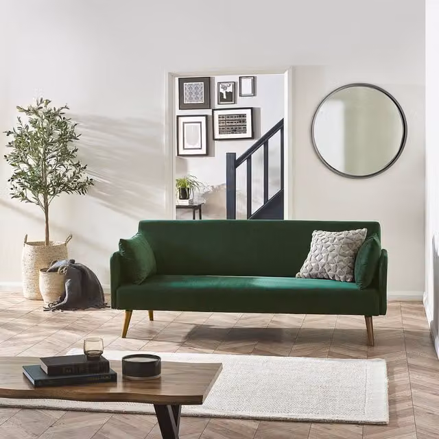 Julian Bowen Andi Retro Green Velvet Upholstered Sofa Bed with Scatter Cushions
