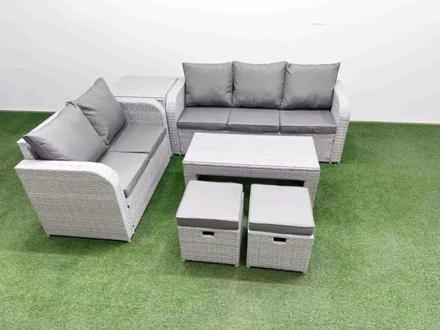 Fimous 7 Seater Grey PE Rattan Wicker Garden Furniture Set with 3 Seater Sofa, Love Seat, 2 Stools, Oblong Coffee Table and Upholstered Cushions