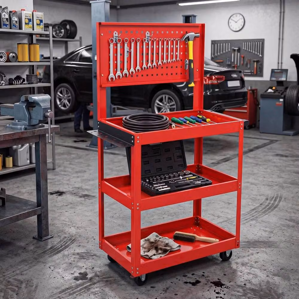 FLAVORA 3 Tier Heavy Duty Rollable Tool Storage Trolley Cart in Red, W: 100 cm, D: 15 cm – 4