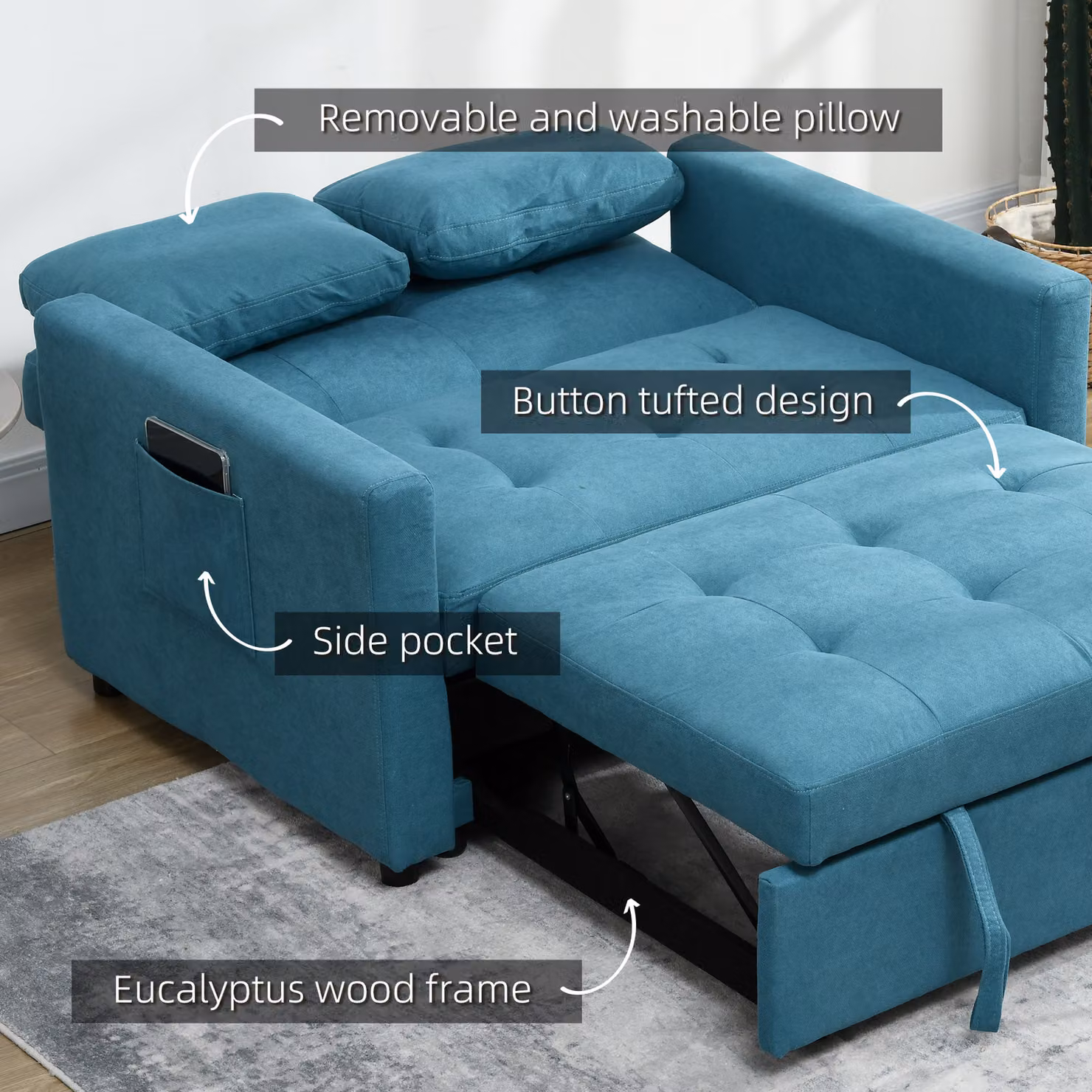 HOMCOM Blue Fabric Loveseat Sofa Bed with 2 Scatter Cushions and Side Pockets – 7