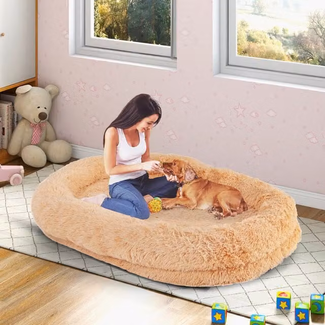 COSTWAY Brown Foam Bean Bag Napping Bed for Humans and Dogs