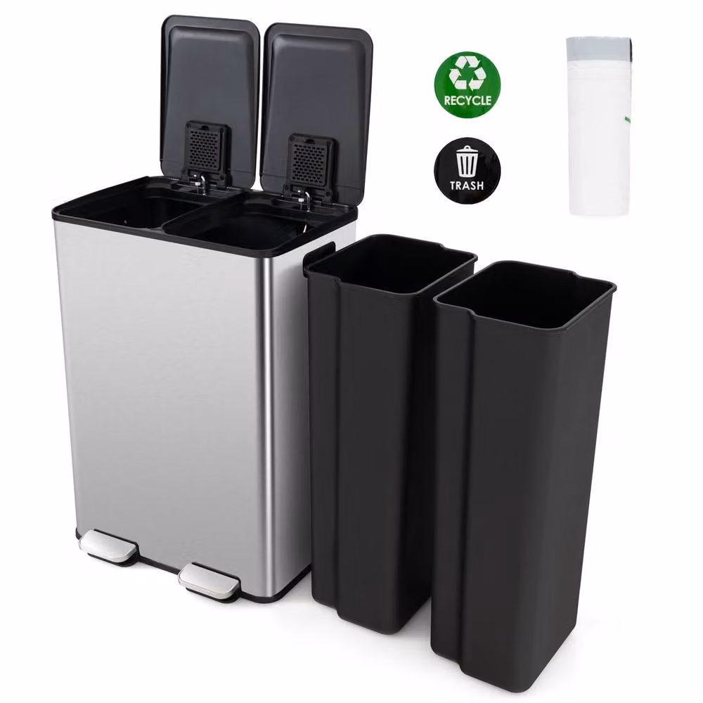 Costway 60L Dual Compartment Pedal Trash Bin with Soft Close and Fingerprint Proof Stainless Steel in Silver – 2
