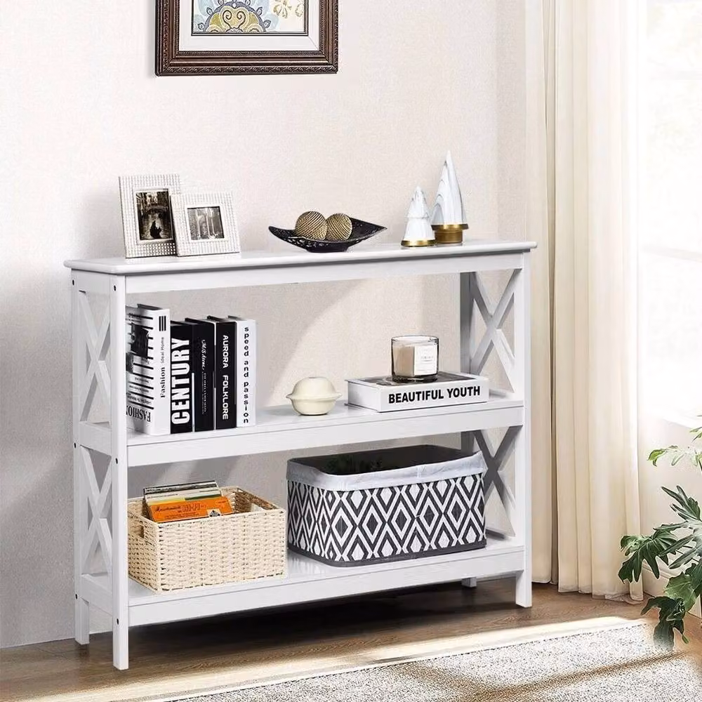 FORGEVIO 3-Tier Wooden Console Table with Shelf, White – 2