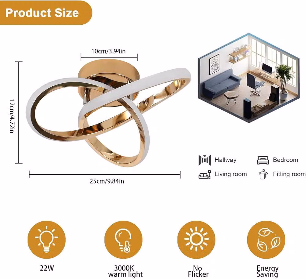 Goeco Modern Curved LED Ceiling Light in Gold with Warm White 3000K Glow – 2