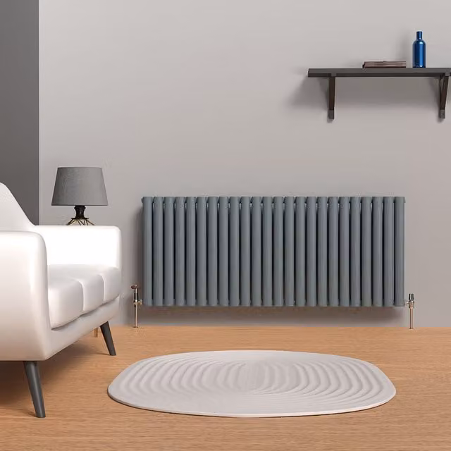 Lux Heat Oval Horizontal Coloured Double Radiator in Grey, W: 144 cm, H: 60 cm