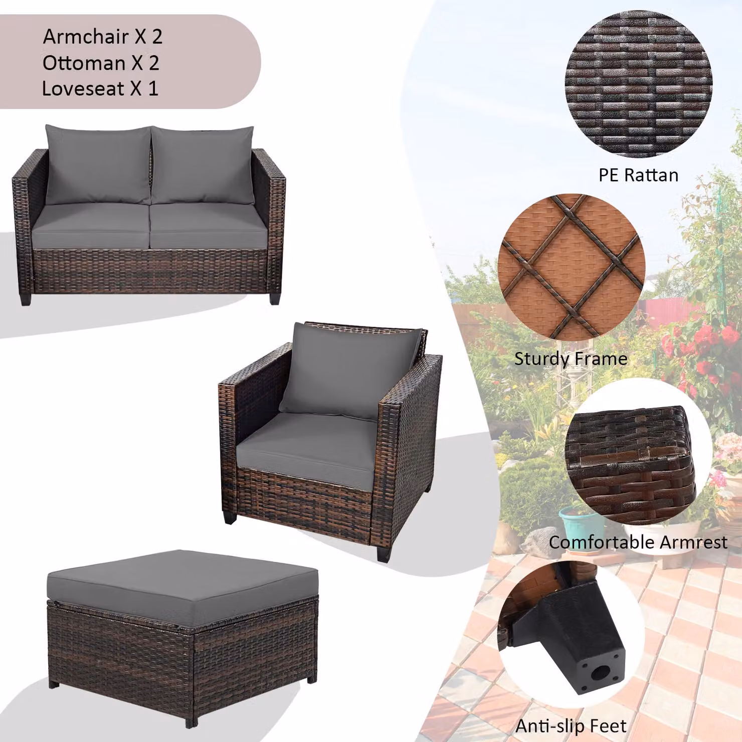 Costway 6-Seater Grey Rattan Garden Furniture Set with L-Shape Sofa, Ottoman and Upholstered Cushions – 7