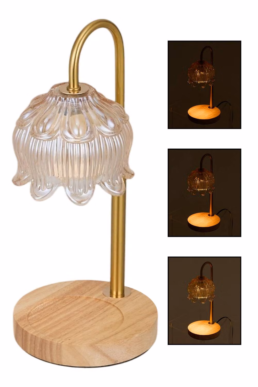 Living and Home Dimmable Tabletop Candle Warmer Lamp in Transparent Glass and Wood – 3