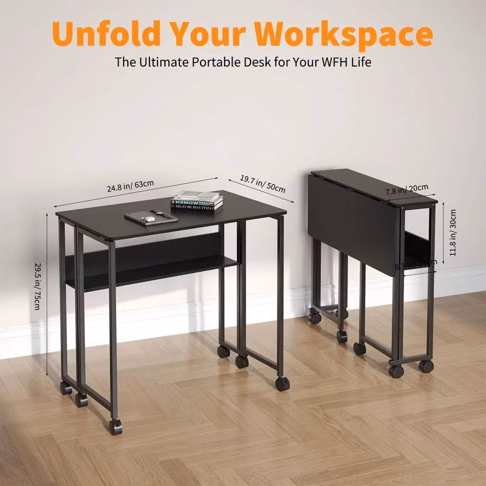 Nordara Black Folding Computer Desk with Storage Shelf and Lockable Castors – 2