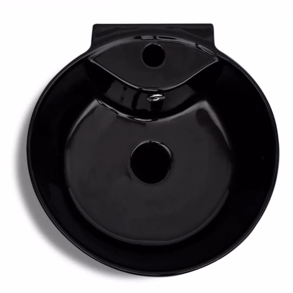 Berkfield Home Black Glossy Ceramic Round Bathroom Sink Basin with Overflow Hole – 3