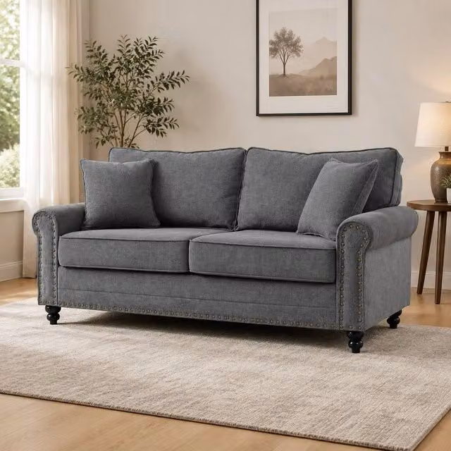 STILVORA 3 Seater Grey Fabric Upholstered Sofa with Scatter Cushions and Wooden Legs