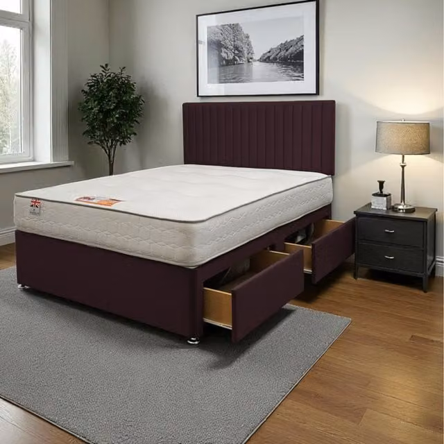 Knight Sleep Emily Plush Bed Set with Mattress and 24 inch Headboard in Aubergine Superking, W/D/H: 200 x 220 cm