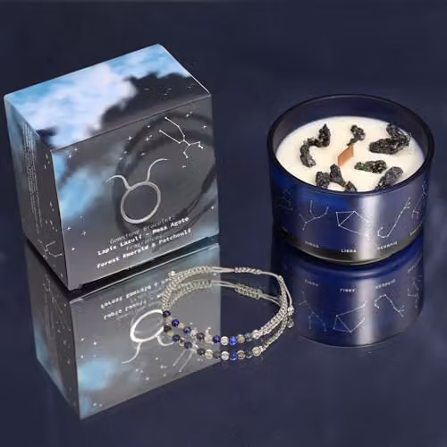 Serenityy aurus Zodiac Crystal Candle with Lapis Lazuli and Moss Agate Bracelet in Navy – 3