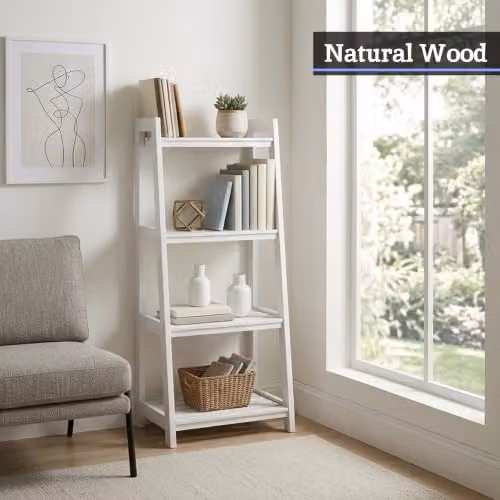 Orsina Modern White Four Tier Ladder Shelf Unit with Rubberwood and Metal Construction, W/D/H: 45 x 30 x 90 cm – 2