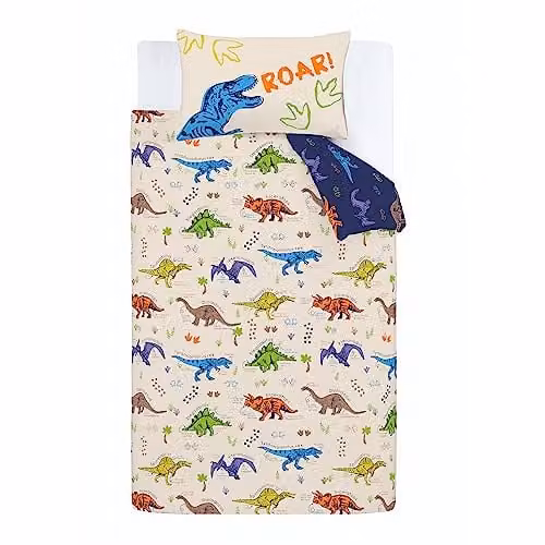 Catherine Lansfield Prehistoric Dinosaurs Reversible Junior Duvet Cover and Pillowcase Set in Beige and Multicolour, Duvet Cover: 70 x 160 cm, Pillowcase: 40 x 60 cm – 3