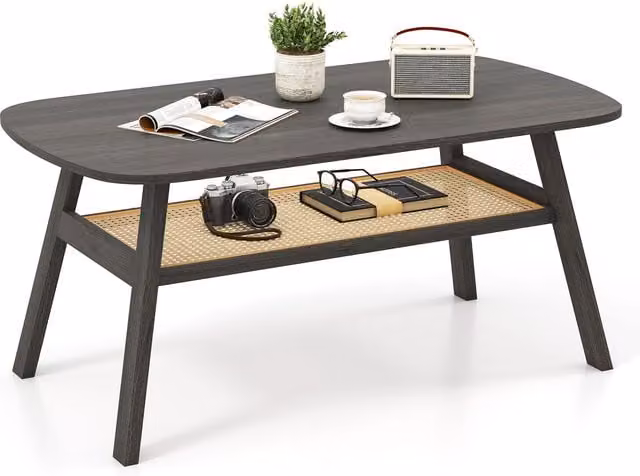Gymax 2-Tier Rectangular Coffee Table with Storage Shelf in Black – 1