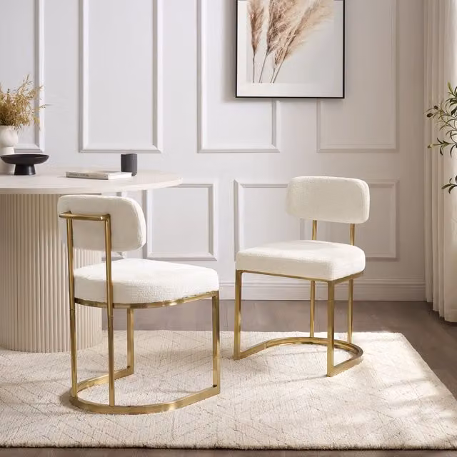 Modish Furnishing Rhea Set of 2 White Chenille Fabric Dining Chairs with Armrests and Gold Metal Frame – 1