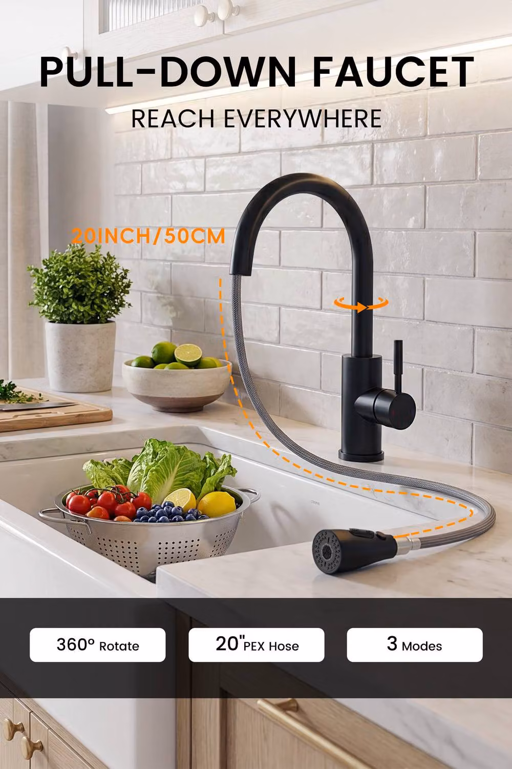 JANLEMNY Matt Black Stainless Steel Kitchen Mixer Tap with Pull-Out Spray and Swivel Spout – 3