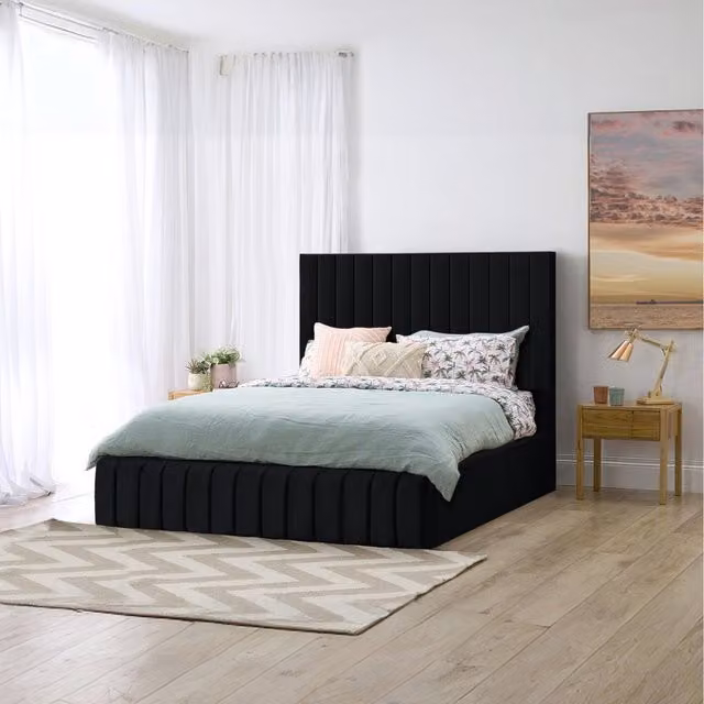 Desire Deco Emiliya Upholstered Storage Bed in Black Velvet, W/D/H: 200 x 200 cm