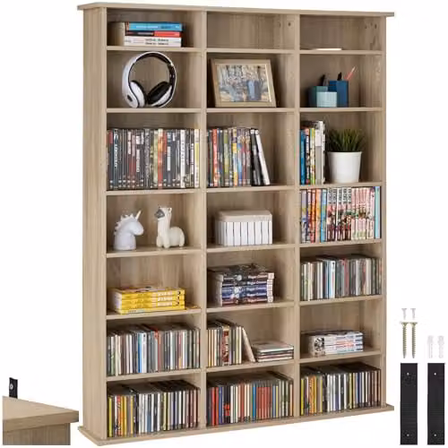 tectake CD Storage Unit in Light Wood with Adjustable Shelves and Media Compartments, H 136.5 x W 105.5 x D 19.0 cm – 1