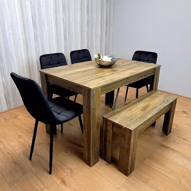 Kosy Koala Rustic Wood Dining Set with Rectangular Table, 4 Chairs and Bench in Brown and Black