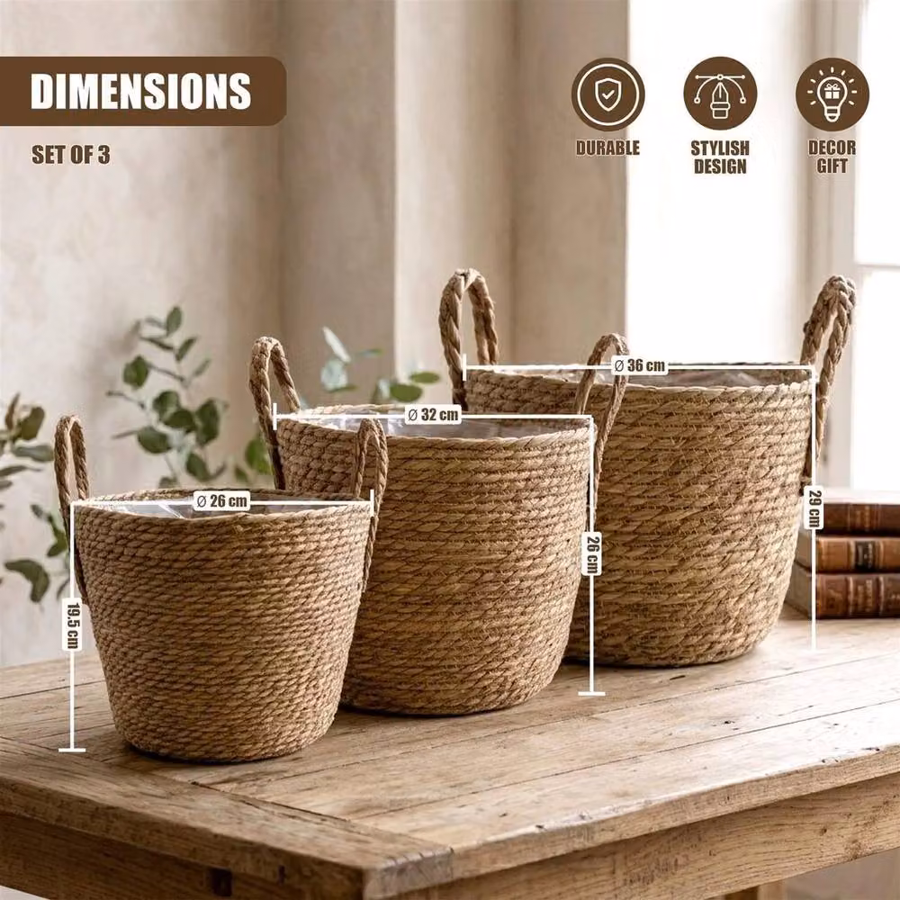 KORVIXA Set of 3 Brown Wicker Plant Pots with Handles and Rustic Rattan Design – 2