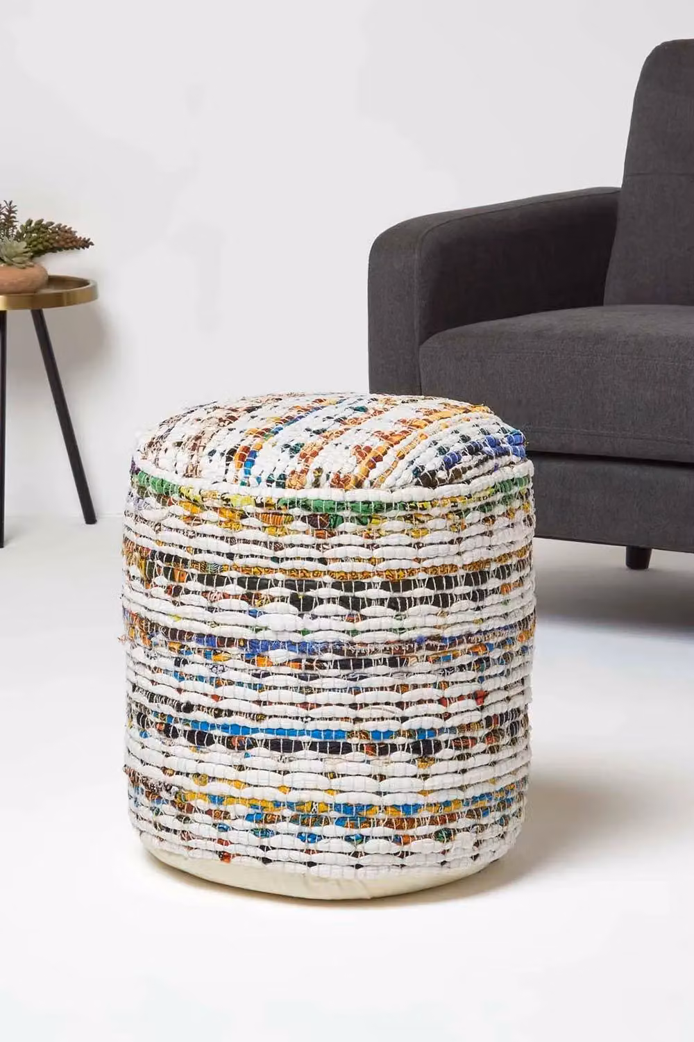 Homescapes Chindi Pattern Woven Cotton Bean Filled Circular Pouffe in Beige and Multicolour – 2