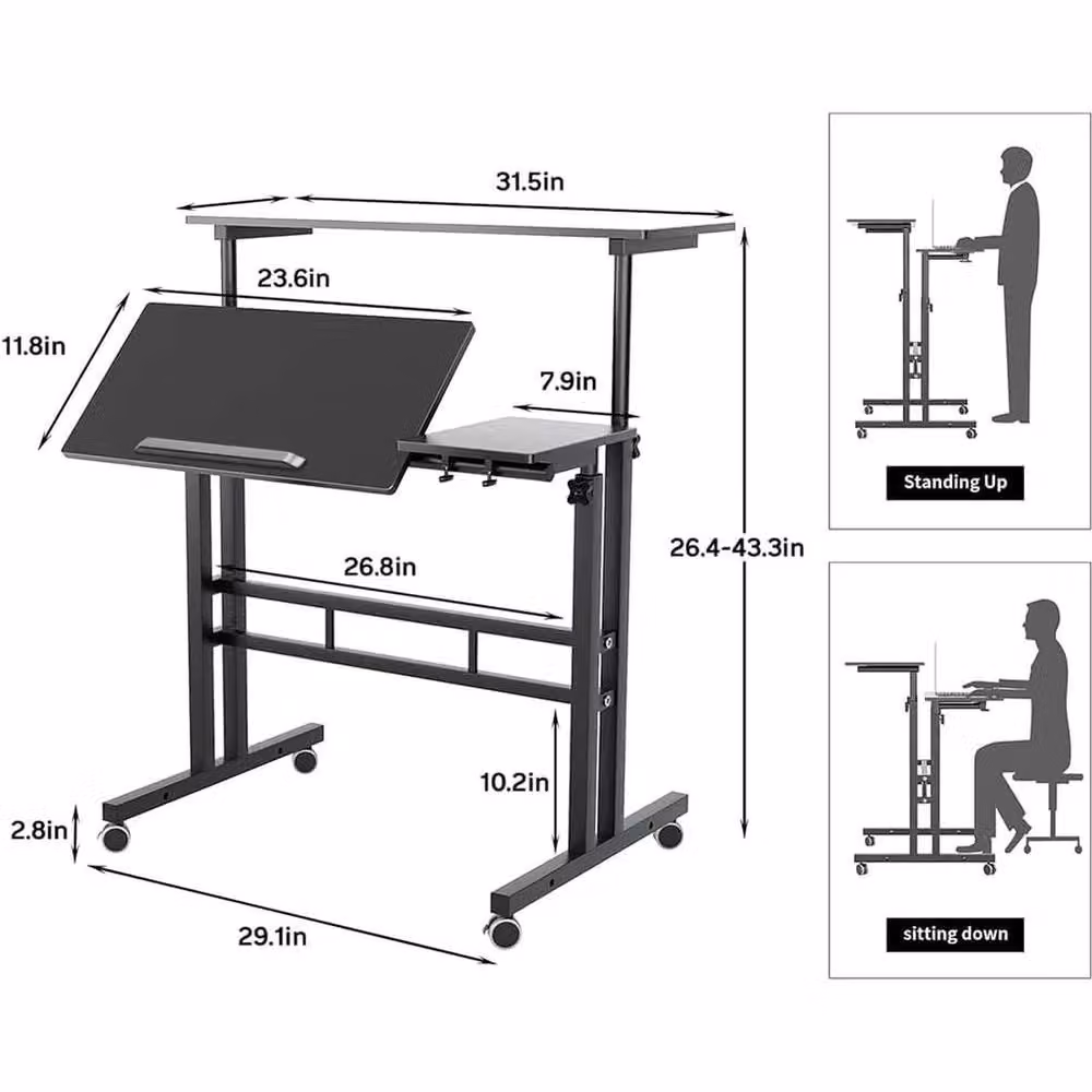Havendro Height Adjustable Mobile Laptop Desk with Wheels and Manual Crank in Black – 2