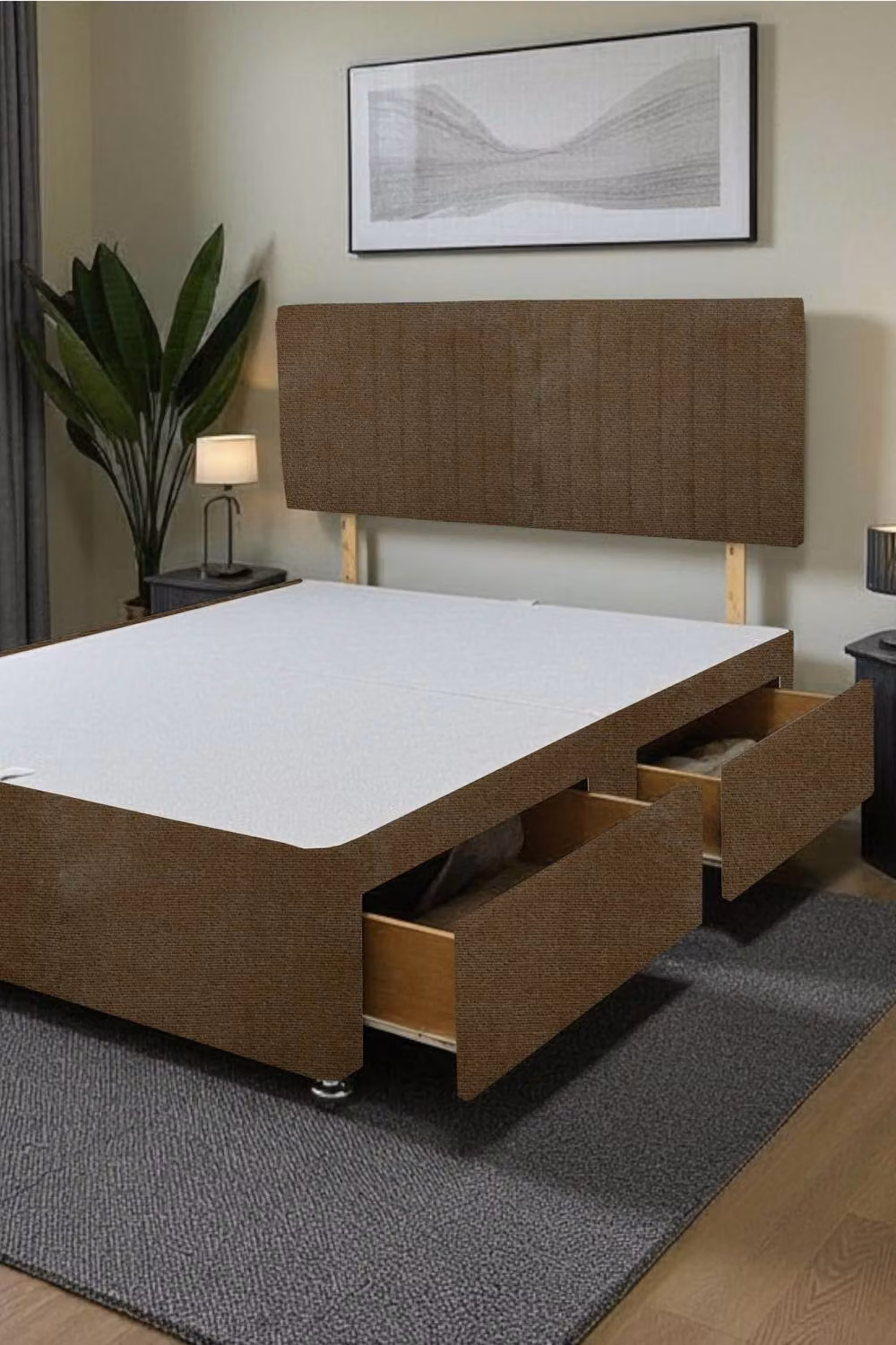 Knight Sleep Emily Divan Bed Base with 2 Drawers and Headboard, Naples Fabric, Chocolate Brown, W/D/H: 200 x 200 cm – 2