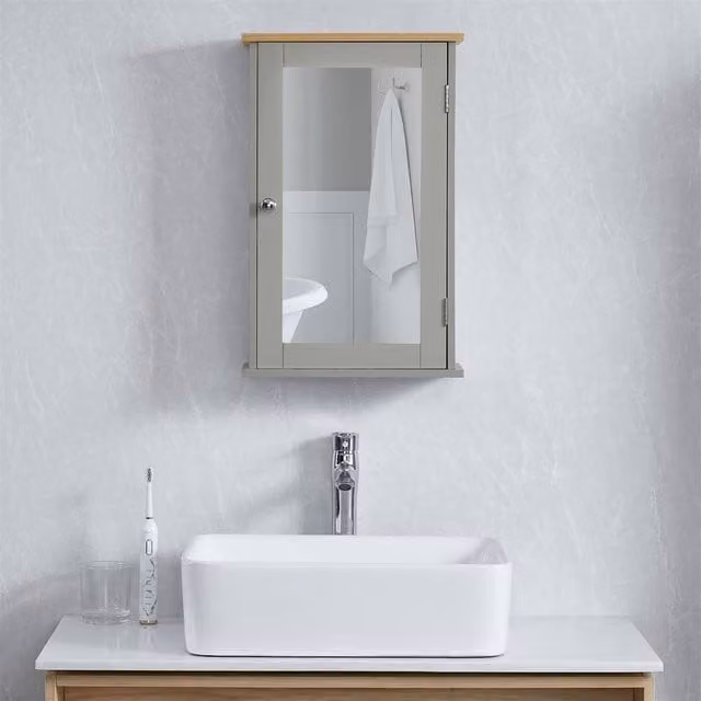 EONLION Grey Wooden Bathroom Mirrored Wall Cabinet with Internal Shelves