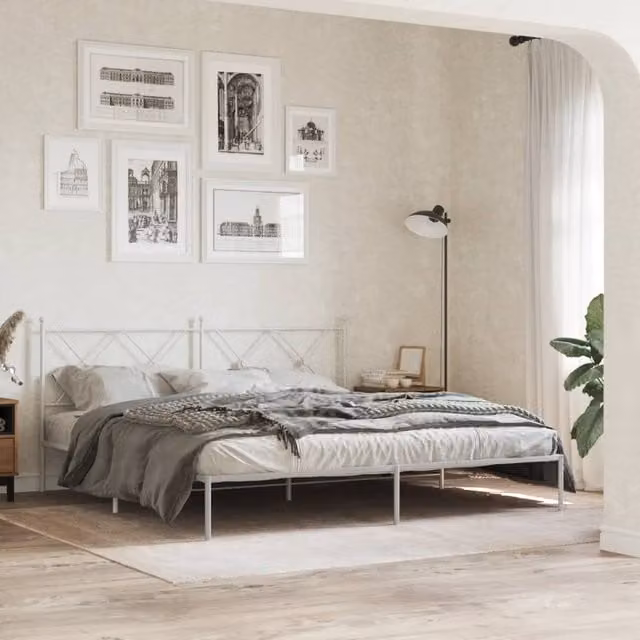 Berkfield Home Metal Bed Frame with Headboard, White, W: 183 cm, L: 213 cm