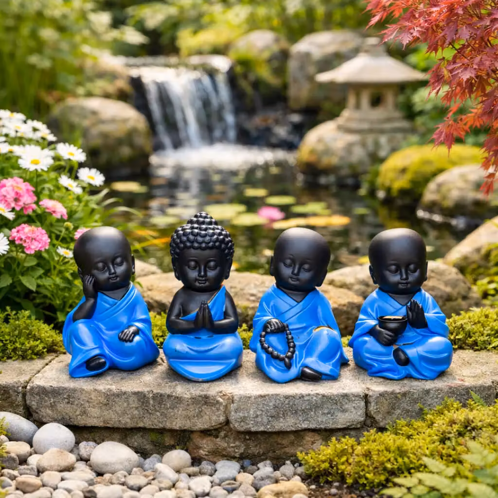 Marco Paul Set of 4 Mini Sitting Lucky Buddha Blue Ceramic Tabletop Ornaments – 5