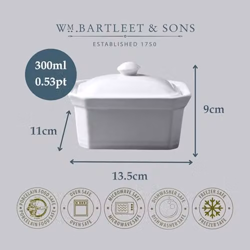 WM Bartleet & Sons 1750 Porcelain Butter and Terrine Dish with Lid, White, 14cm – 6
