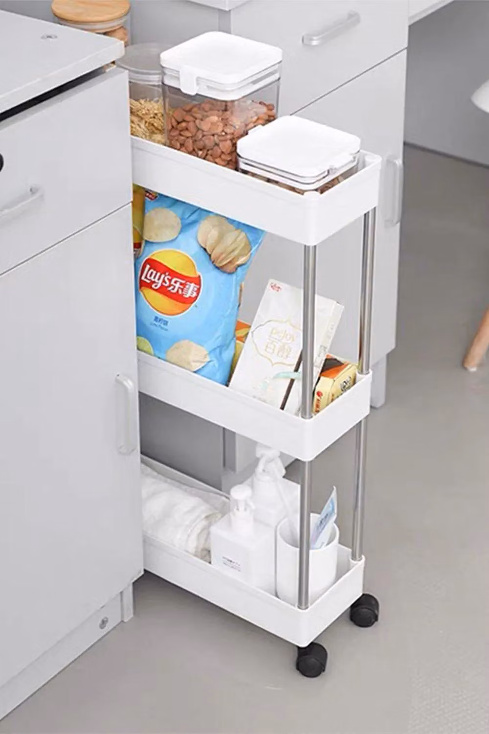 H&O Direct Slim White 3-Tier Corner Storage Rack, Freestanding Plastic Shelf for Kitchen and Bathroom – 2