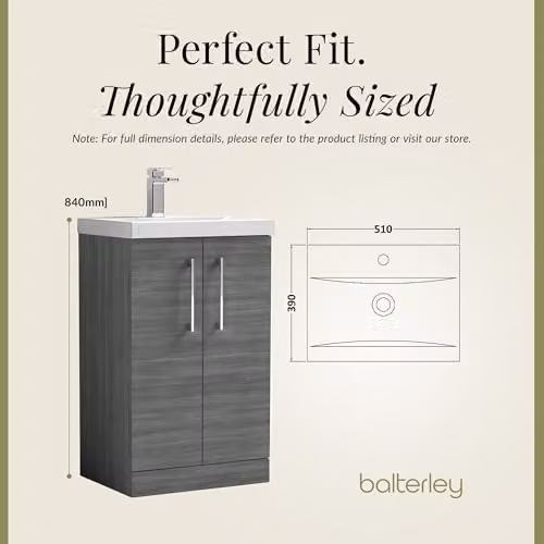 Balterley Floor Standing Bathroom Vanity Unit with Basin and Soft Close 2 Doors in Woodgrain Anthracite W/D/H: 51 x 39 x 84 cm – 2