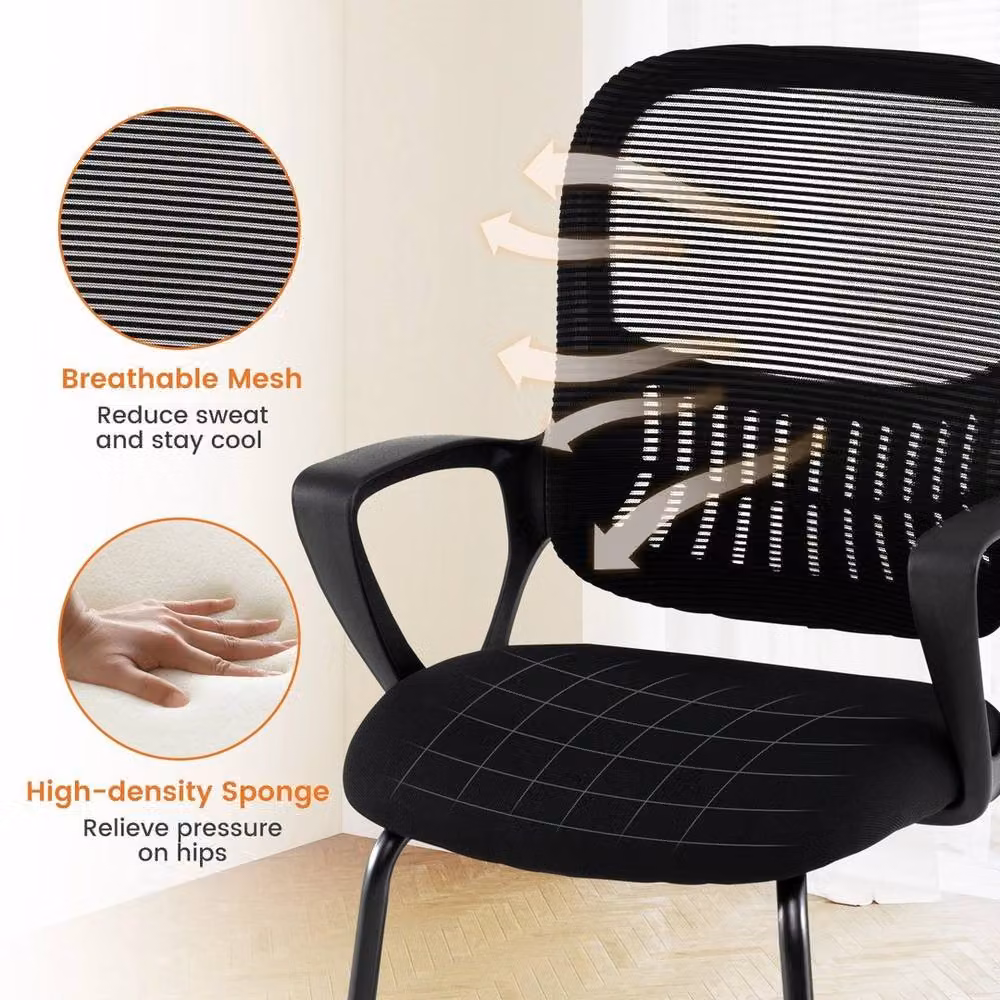 Kelvenix Set of 2 Black Fabric Conference Room Chairs with Integrated Armrests and Metal Frame – 3