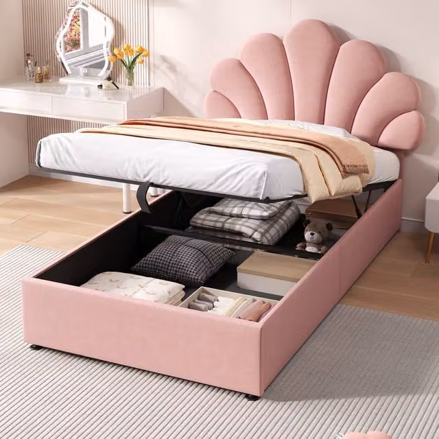 Matteo Pink Velvet Single Bed Frame with Upholstered Lift Up Storage Base