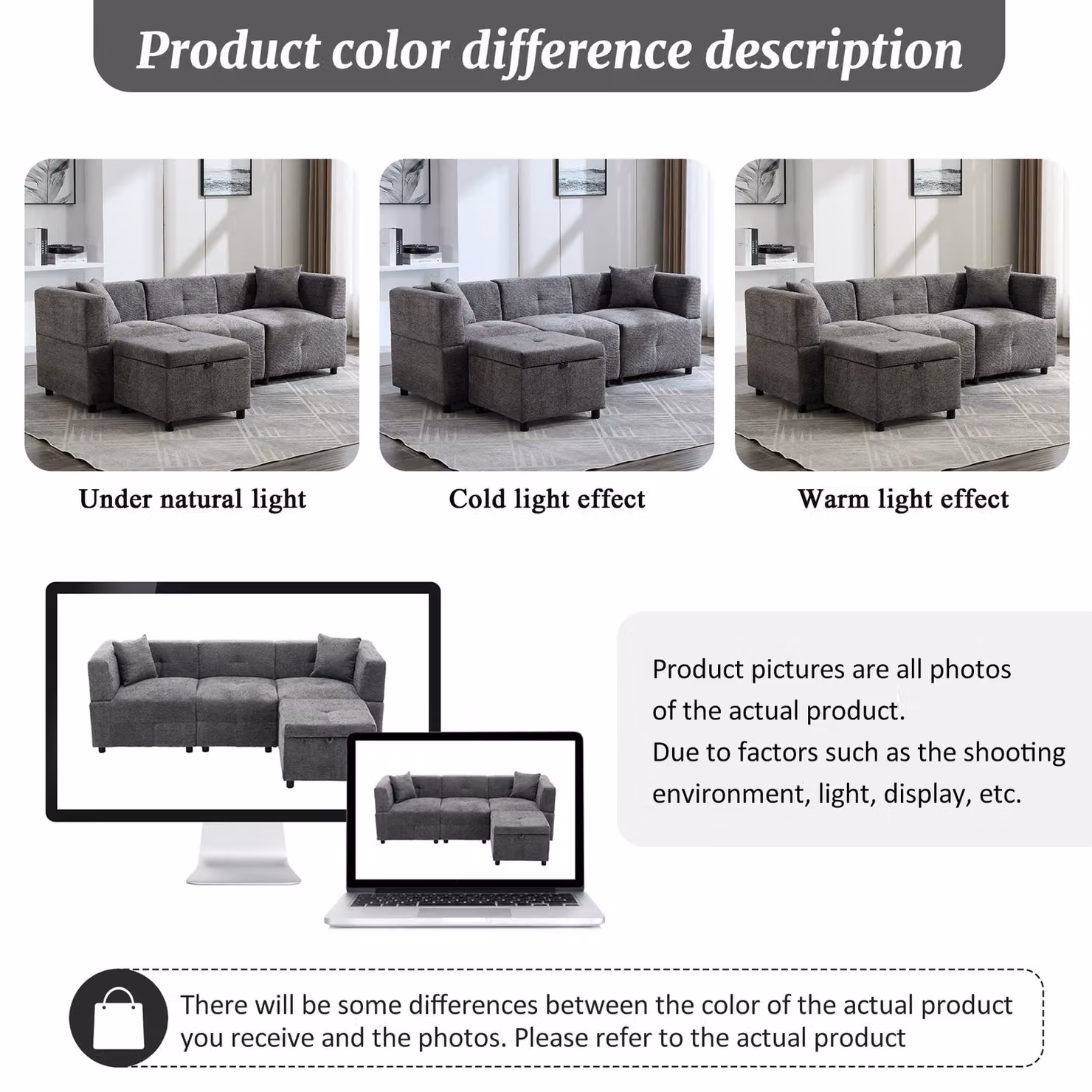 Aosom.UK Grey L-Shaped Sectional Fabric Sofa with Reversible Design, Removable Storage Ottoman and 2 Pillows, W/D/H: 204 x 68 x 69 cm – 6