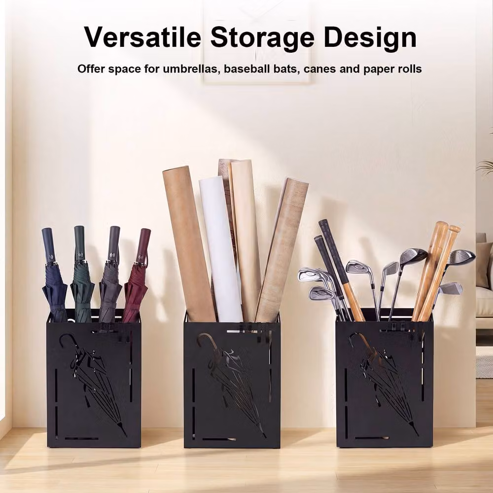 Gymax Metal Cutout Umbrella Stand with 4 Hanging Hooks and Removable Tray, Black – 2