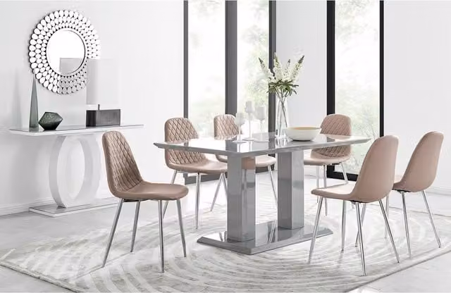 FurnitureboxUK Imperia Grey Rectangular Glass Dining Table and 6 Corona Silver Leg Chairs in Cappuccino