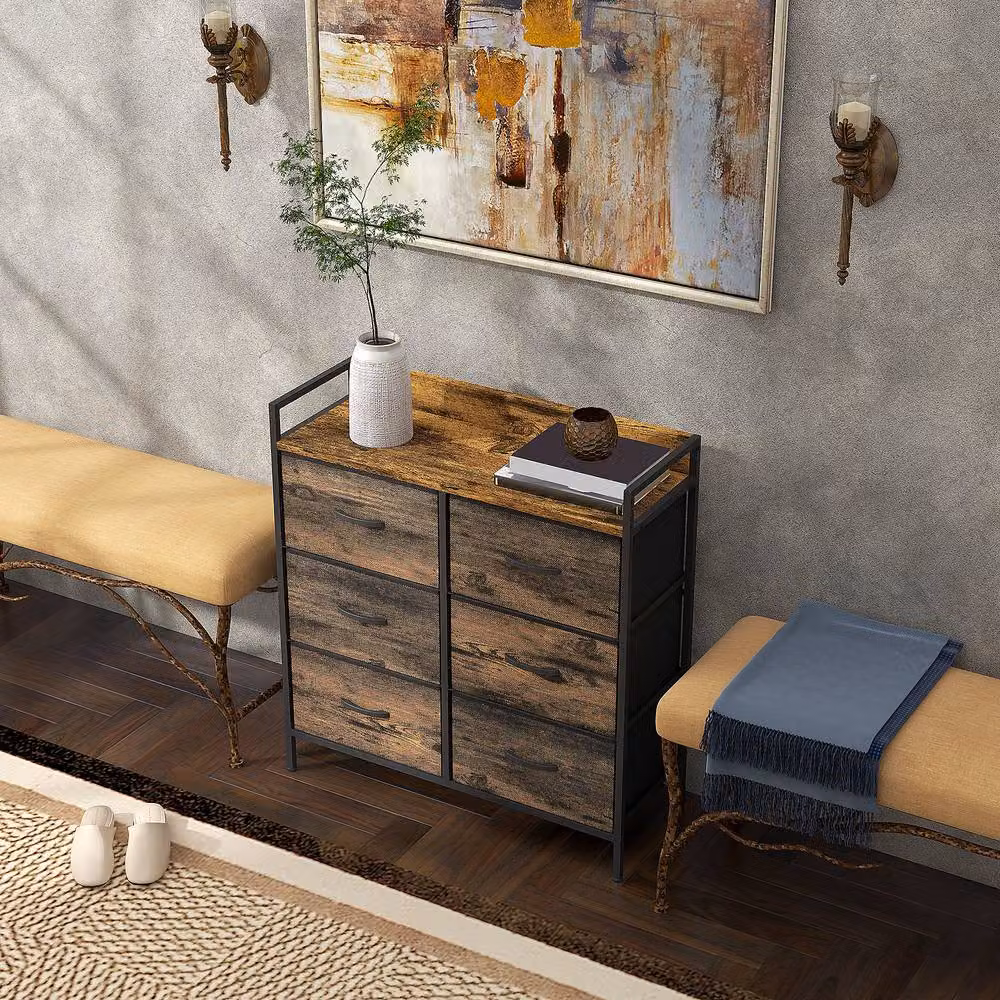 ERGOVEXA Rustic Chest of Six Fabric Drawers in Brown – 3