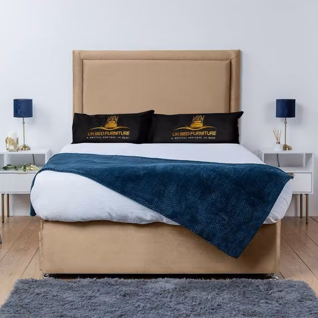 UK Bed Furniture Ascot Divan Bed Base with 26 Inch Headboard in Beige, King Size, W/D/H: 180 x 200 cm