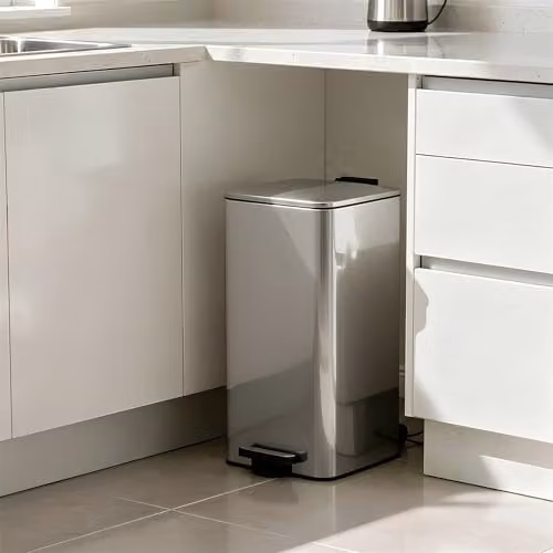 Harbour Housewares 30L Square Stainless Steel Kitchen Pedal Bin in Silver with Soft-Close Lid and Removable Inner Bucket – 2
