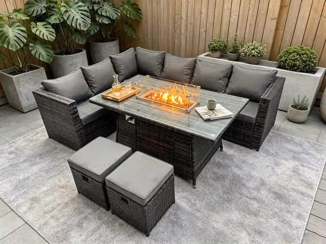 Fimous 8 Seater PE Rattan Corner Sofa Set with Gas Fire Pit Dining Table in Dark Grey