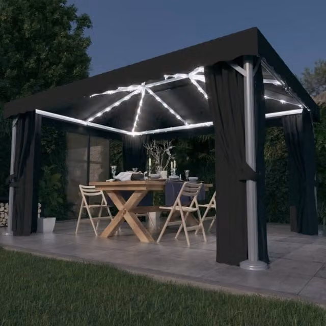 Berkfield Home Anthracite and Black Gazebo with Curtains and LED String Lights, W: 4 m, D: 3 m – 1