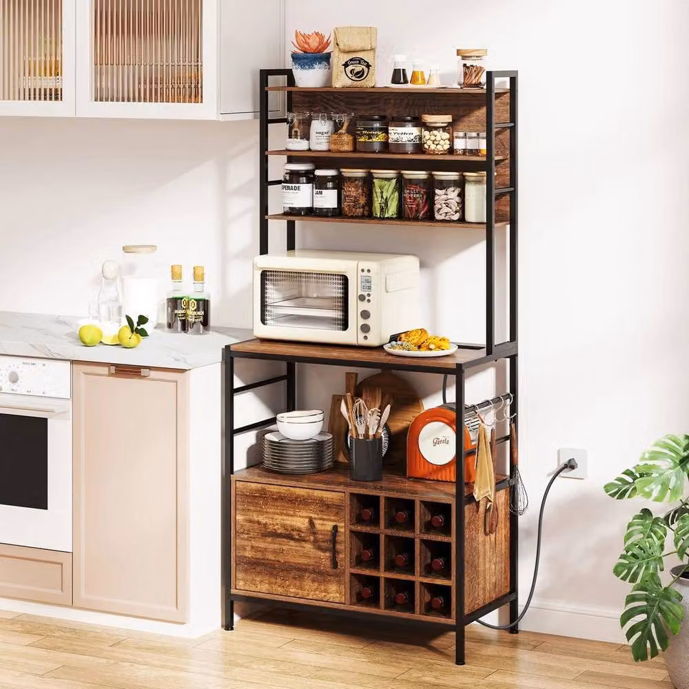 Havendro Kitchen Microwave Stand and Coffee Bar with Charging Station in Antique Brown – 4