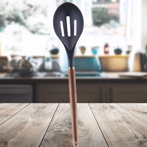 VFM Acacia Wood Slotted Spoon Skimmer with Heat Resistant Handle, Black, Length: 32 cm – 4