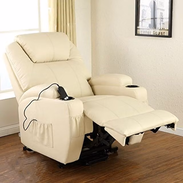 More4Homes Cinemo Single Motor Rise Recliner Heat and Massage Chair in Cream Bonded Leather – 1